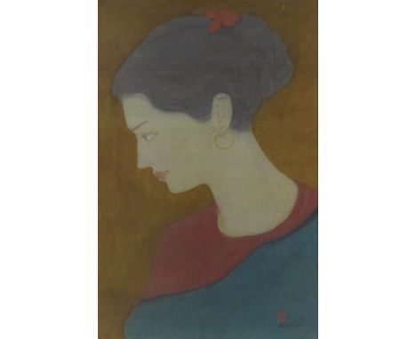 Sushil Muzumdar, watercolour, portrait of an Indian lady, 1962, exhibition label verso from the Commonwealth Institute London