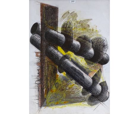 Peter Thursby, mixed media on paper, two pipe form, study for sculpture, 1964, 30" x 22", framed 