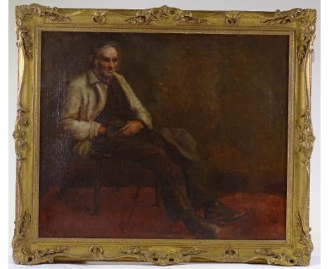19th century oil on canvas, portrait of a seated worker, unsigned, 25" x 30", framed 
