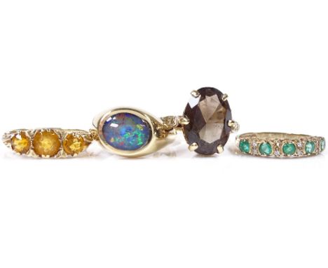 4 9ct gold stone set rings, including emerald, diamond and opal, 10.6g total 