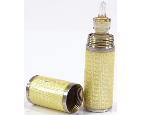 A Continental silver and yellow enamel scent bottle case, with original glass bottle and stopper, marks to base, length 5.6cm