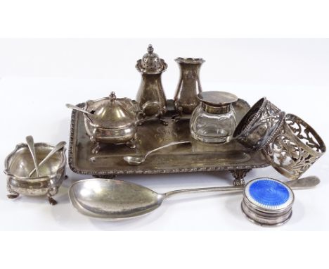 Various silverware, comprising large Mappin &amp; Webb spoon, a silver desk stand (1 inkwell missing), a silver and enamel pi