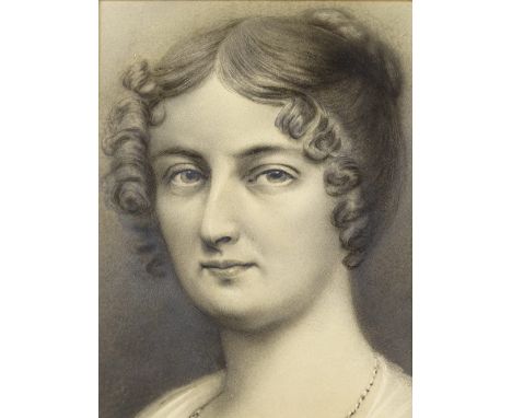 A 19th century pencil drawing, a head portrait of a woman, unsigned, 9" x 6.5", mounted 