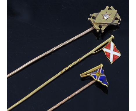 3 gold stickpins, including diamond set and coloured enamel, 6.5g total 