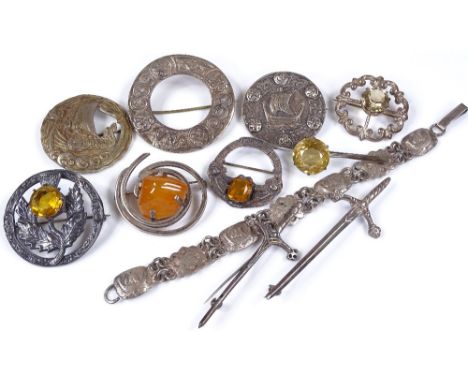 A group of Scottish and Celtic silver brooches and bracelet, some possibly Iona 