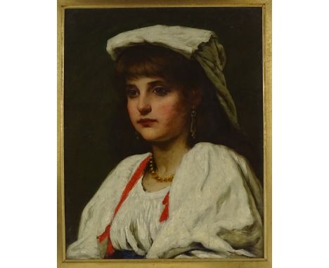 19th century Italian School, portrait of a girl in National costume, indistinctly signed and dated, 20" x 16", framed 