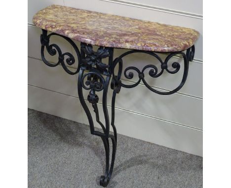 A marble-topped console table on wrought-iron base, width 2' 