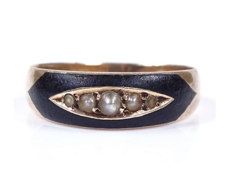 A 9ct gold pearl and black enamel mourning band ring, with glass panel back, band width 6mm, size P, 2.6g 
