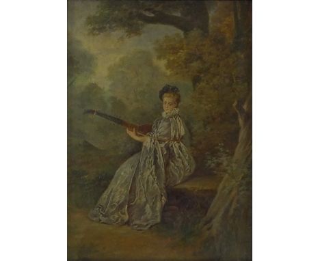 19th century French School, oil on canvas laid on board, portrait of a woman playing a lute, unsigned, 18" x 12.5", framed 