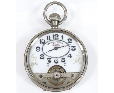 A steel-cased open-face top-wind pocket watch, by Hebdomas Patent, gilded white enamel dial and steel case, case width 47mm, 