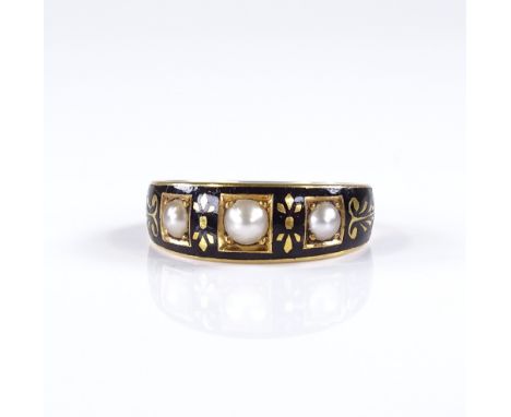 A Victorian 18ct gold pearl and black enamel mourning ring, maker's marks BD Co, hallmarks London 1892, band width, 6mm, size