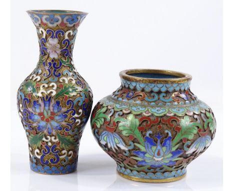 A Japanese miniature cloisonne enamel vase, height 9cm, and a miniature cloisonne enamel jardiniere (2) 