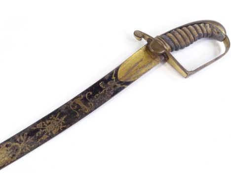 A George III Cavalry Officer's sword, Osborn warranted, etched and blued steel blade with G R &amp; crown cipher, gilt-brass 