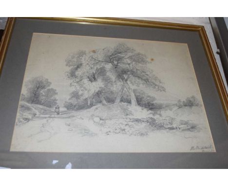 19TH CENTURY SCHOOL, PENCIL SKETCH OF FIGURE ON A WOODLAND PATH, F/G