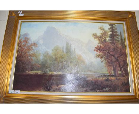 AFTER ALBERT BIERSTADT, MOUNTAIN LANDSCAPE, TEXTURED OLEOGRAPH, GILT FRAMED