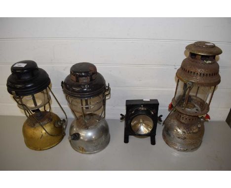 THREE PARAFFIN LAMPS PLUS A FURTHER VINTAGE GPO BATTERY OPERATED LAMP
