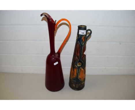CONTINENTAL ART NOUVEAU STYLE TAPERING JUG PLUS A FURTHER RUBY GLASS JUG (2)