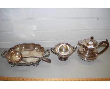 SILVER PLATED WARES COMPRISING SERVING DISH, SOUP LADLE, HOT WATER JUG AND SUGAR BASIN (4)