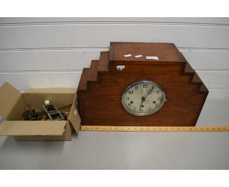 WOODEN CASED MANTEL CLOCK AND A BOX CONTAINING CLOCK MECHANISMS