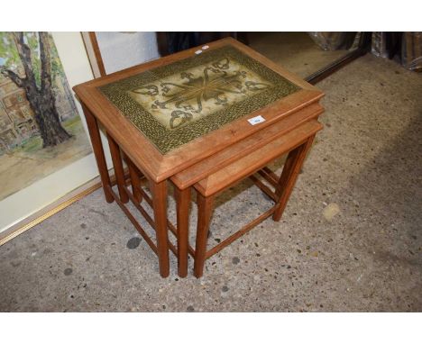NEST OF THREE TEAK FRAMED TILE TOP TABLES