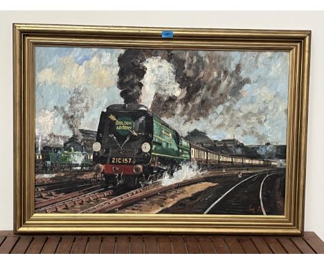 IVAN LILLEY. BRITISH Bn 1932. The Golden Arrow leaving a railway station. Signed. Oil on board 23½" x 36".