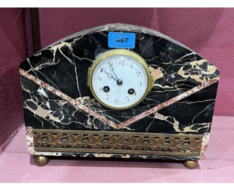 A French marble cased mantle clock, the brass drum movement striking on a steel gong. 12" wide.