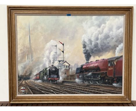 TREVOR R OWENS. BRITISH Bn. 1940. Preston Station with the Duchess of Hamilton locomotive and others. Signed and dated 1987. 