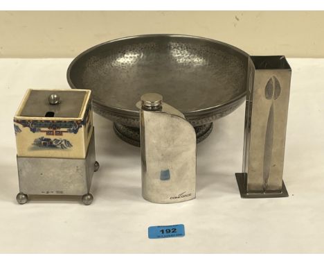 A Tudric planished pewter bowl; a Concorde Ergo flask; a 'Mackintosh' inspired pewter vase and a pewter and ceramic jam pot.