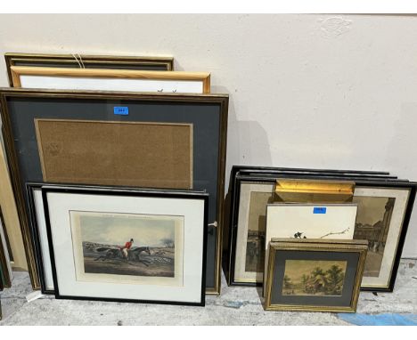 A collection of hunting and other prints and frames.