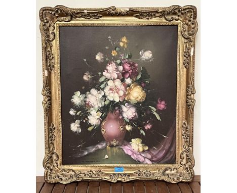 R HUNTHER. AMERICAN 20TH CENTURY. Still life of flowers in a vase. Signed. Oil on canvas, 24" x 20".