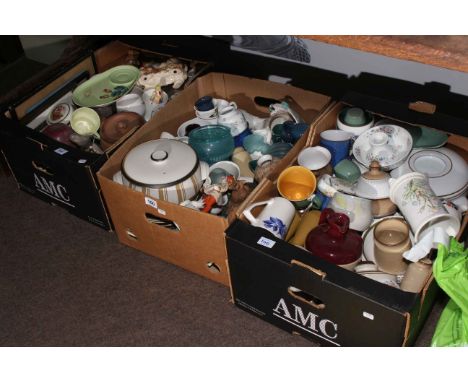 Three boxes of porcelain and glass including Denby, Poole, Portmerion, Langley, Carlton etc.