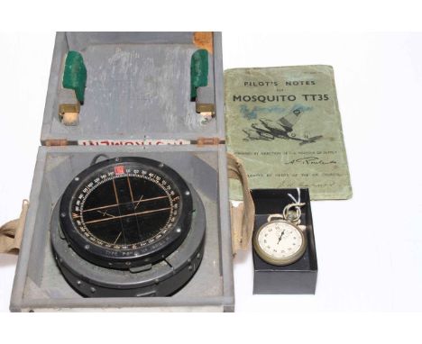 WWII Mosquito compass, Air Ministry stopwatch, and Mosquito pilots manual.