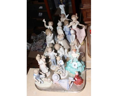 Lladro Angel and lamp, Nao and Leonardo figures and two Coalport figures.