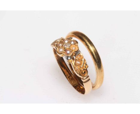 18 carat gold wedding band ring, size N, together with seed pearl 18 carat gold ring (2).