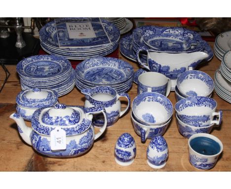 Collection of Spode Italian blue and white pottery including teapot, dinner plates, etc, 44 pieces.