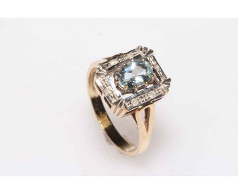 9k Aquamarine and diamond ring, size N.