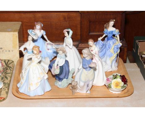 Six Royal Doulton ladies including Rebecca, Julia and Laura, Coalport 'Pamela', Lladro and Nao figures and Aynsley posy.