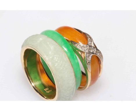 Chinese carved jade 14k gold mounted ring, size O/P, another gold mounted ring and green jade ring (3).