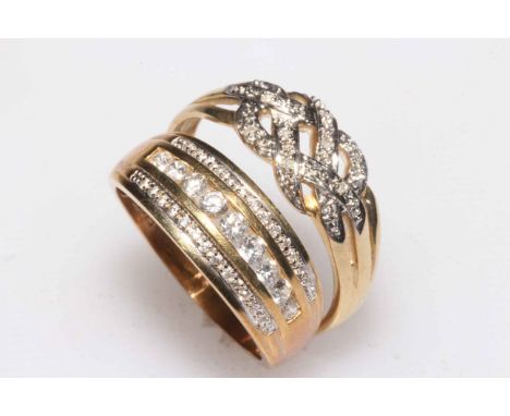 9 carat gold diamond crossover set ring, size W, and another 9 carat gold ring (2).