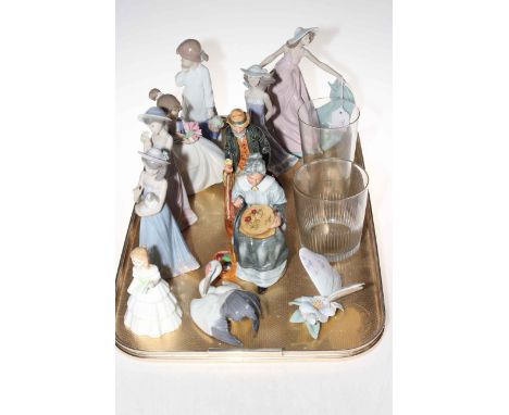 Four Lladro figures, Butterfly and Nesting Crane, two Nao figures, Three Royal Doulton figures and two glass flint tumblers.