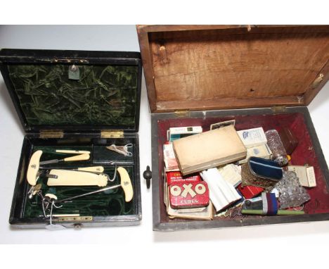 Victorian box of collectables including agate and gilt box, silver topped toilet bottle, Goss tower etc, and leather box etc.