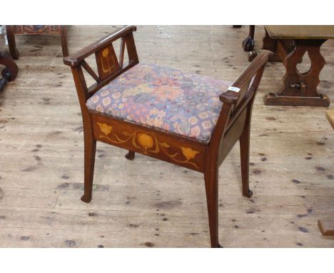 Art Nouveau inlaid mahogany music stool, 62cm by 60cm by 41cm.