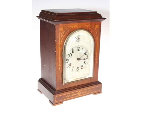 Edwardian inlaid mahogany mantel clock with silvered dial.