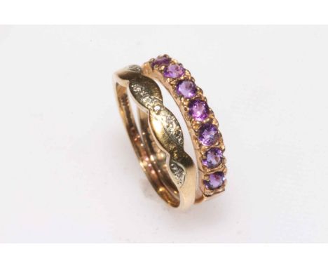 Amethyst seven stone 9 carat gold ring, size O, and tiny diamond set 9 carat gold ring, size S (2).