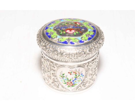 Chased white metal and enamel box, the lid with the name Lady Baldrey, 5.75cm high.