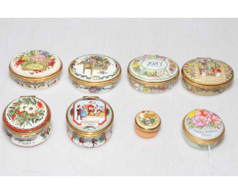 Collection of eight Halcyon Days enamel boxes.
