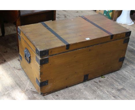 Victorian pine and metal bound trunk, 47cm by 96.5cm by 52.5cm.