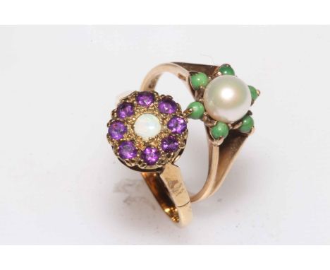 Amethyst and opal cluster 9 carat gold ring, size P, and pearl ring, size N/O (2).