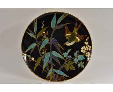 A Mintons Art Pottery Studio, Kensington Gore, circular charger, printed and painted with bamboo and birds in flight, glazed 