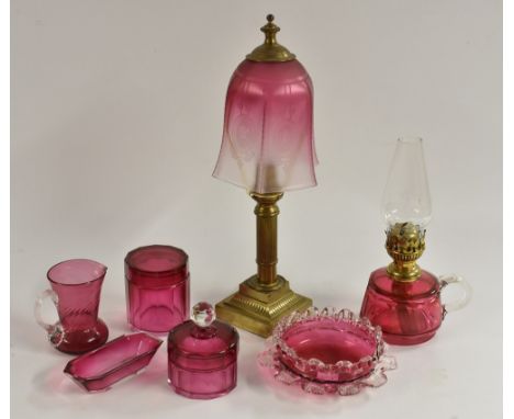 A late 19th century cranberry glass and lacquered brass columnar table tamp, etched shade, stepped square base, 37.5cm; a cra